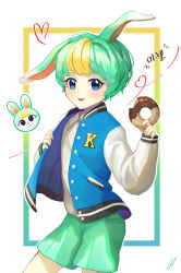 Rule 34 | 1boy, animal crossing, animal ears, blonde hair, blue eyes, cherry59599, creature and personification, doughnut, food, green hair, green shorts, heart, highres, jacket, letterman jacket, long sleeves, male focus, multicolored hair, nintendo, personification, sasha (animal crossing), shirt, short hair, shorts, simple background, solo, standing, streaked hair, white shirt