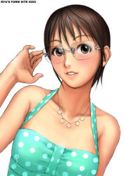 Rule 34 | 1girl, brown eyes, brown hair, female focus, glasses, halterneck, pinup (portrait), pinup (style), ryu (ryu&#039;s form site), short hair, simple background, solo, upper body, white background