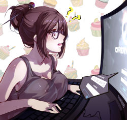 Rule 34 | 1girl, ?, ??, absurdres, bare shoulders, beads, black-framed eyewear, blush, breast press, breast rest, breasts, brown eyes, brown hair, cable, cleavage, collarbone, covered erect nipples, cupcake, desk, food, from side, glasses, hair bun, hair ornament, hair stick, highres, inconvenient breasts, inxst, keyboard (computer), large breasts, matching hair/eyes, mei (overwatch), monitor, open mouth, overwatch, overwatch 1, playing games, short hair, sidelocks, single hair bun, sitting, sleeveless, solo, sweatdrop, tank top, teeth, video game