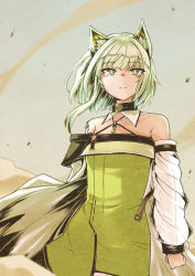 Rule 34 | 1girl, animal ear fluff, animal ears, arknights, bare shoulders, closed mouth, collarbone, dress, green dress, green eyes, green hair, jacket, kal&#039;tsit (arknights), long sleeves, looking at viewer, off-shoulder jacket, off shoulder, puffy long sleeves, puffy sleeves, see-through, sleeves past wrists, smoke, solo, white jacket, yume (i think.)