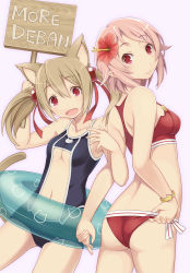 Rule 34 | 10s, 2girls, :d, animal ears, ass, bad id, bad pixiv id, blush, bracelet, breasts, brown hair, cat ears, flat ass, flower, freckles, hair flower, hair ornament, hair ribbon, hibiscus, highres, holding, innertube, itoichi., jewelry, lisbeth (sao), looking at viewer, medium breasts, more deban, multiple girls, one-piece swimsuit, open mouth, pink hair, pointy ears, red eyes, ribbon, short hair, short twintails, sign, silica, silica (sao-alo), simple background, small breasts, smile, swim ring, swimsuit, sword art online, twintails, white background