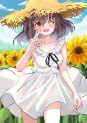 Rule 34 | 1girl, ;d, absurdres, black hair, blue sky, brown hat, cloud, commentary request, commission, dress, flower, hat, highres, looking at viewer, one eye closed, open mouth, outdoors, red eyes, see-through, see-through dress, shameimaru aya, short hair, sky, smile, solo, straw hat, sundress, sunflower, touhou, white dress, yuuka (a0240765)