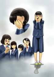 Rule 34 | 5girls, black eyes, black hair, blue jacket, blue skirt, blush, bow, braid, breasts, brown hair, covering face, embarrassed, female focus, from side, full body, hair ornament, hairclip, hand to own mouth, hands up, have to pee, highres, jacket, long hair, long sleeves, looking down, matching hair/eyes, miminari, multiple girls, multiple views, open mouth, original, peeing, peeing self, pink legwear, pleated skirt, puddle, red bow, red ribbon, ribbon, school uniform, shirt, shoes, short hair, skirt, small breasts, socks, standing, surprised, sweat, tears, teeth, twin braids, uniform, wet, wet clothes, wet skirt, white footwear, white shirt