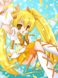 Rule 34 | 10s, 1girl, blonde hair, boots, bow, brooch, brown eyes, cure sunshine, dress, flower, hair ribbon, heart, heart brooch, heartcatch precure!, jewelry, knee boots, long hair, magical girl, myoudouin itsuki, narimiya momone, orange bow, petals, precure, ribbon, smile, solo, twintails, wrist cuffs, yellow bow