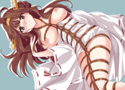 10s 1girl ahoge bad_id bad_pixiv_id bare_shoulders bdsm blush bondage bound breasts brown_eyes brown_hair detached_sleeves double_bun female_focus hair_bun hairband headgear japanese_clothes kantai_collection kongou_(kancolle) long_hair looking_at_viewer nipples rope shibari simple_background smile solo taromarun