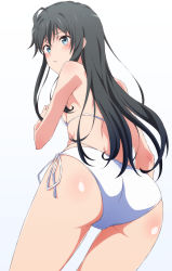 absurdres ahoge ass back bikini black_hair blue_eyes breasts highres looking_at_viewer looking_back parted_lips shou937 side-tie_bikini_bottom sideboob simple_background small_breasts standing swimsuit thighs white_background white_bikini yahari_ore_no_seishun_lovecome_wa_machigatteiru. yukinoshita_yukino