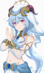 Rule 34 | 1girl, absurdres, bare shoulders, blue hair, blush, brooch, cosplay, cowboy shot, embarrassed, flying sweatdrops, ganyu (genshin impact), genshin impact, gold trim, harem outfit, highres, horns, jewelry, long hair, long sleeves, looking at viewer, low ponytail, midriff, navel, nilou (genshin impact), nilou (genshin impact) (cosplay), puffy long sleeves, puffy sleeves, purple eyes, sidelocks, signature, solo, veil, w-t, wavy mouth, white background