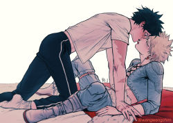 2boys, alternate costume, artist name, ass, bakugou katsuki, bangs, black hair, black pants, blonde hair, blush, boku no hero academia, boots, commentary request, cropped jacket, earrings, freckles, from side, grey background, grey shirt, highres, imminent kiss, jewelry, kneeling, long sleeves, looking up, lying, male focus, midoriya izuku, multiple boys, on back, pants, scar on arm, shirt, short hair, signature, socks, spiked hair, spread legs, tongue, tongue out, wengwengchim, white legwear, yaoi