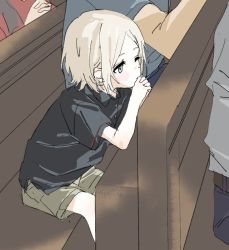 Rule 34 | 1other, 3boys, black shirt, blonde hair, blue eyes, blush stickers, child, christianity, church, church interior, hagis4n, multiple boys, one eye closed, original, own hands clasped, own hands together, pew, praying, shirt, shorts