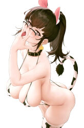 Rule 34 | 1girl, absurdres, animal ears, animal print, belt collar, bikini, black hair, blush, breasts, cleavage, collar, cow ears, cow print, ear tag, heart, heart-shaped pupils, highres, l ract, large breasts, long hair, looking at viewer, open mouth, original, ponytail, semi-rimless eyewear, sexually suggestive, solo, swimsuit, symbol-shaped pupils, tail, thighhighs, thighs, tongue, tongue out, white background