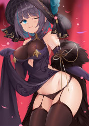 Rule 34 | 1girl, ;3, absurdres, azur lane, bare shoulders, black dress, black gloves, black hair, black headwear, black panties, black thighhighs, blue eyes, breasts, cameltoe, cheshire (azur lane), cheshire (cait sith crooner) (azur lane), china dress, chinese clothes, cleavage, clothing cutout, covered erect nipples, cowboy shot, dress, elbow gloves, fur trim, garter straps, gloves, groin, highres, large breasts, looking at viewer, multicolored hair, official alternate costume, one eye closed, panties, pelvic curtain, qianqiu wanxia, see-through, see-through cleavage, short hair, side cutout, skindentation, sleeveless, sleeveless dress, solo, standing, streaked hair, string panties, thighhighs, thighs, two-tone hair, underwear