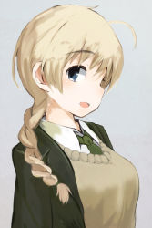 Rule 34 | 1girl, :d, ahoge, blonde hair, blush, braid, grey background, hair over shoulder, light brown hair, long hair, lynette bishop, magryo763, necktie, open mouth, silver background, simple background, single braid, smile, solo, strike witches, sweater vest, upper body, world witches series