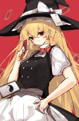 Rule 34 | 100th black market, 1girl, apron, black dress, black hat, blonde hair, blurry, blush, bow, breasts, buttons, card, card (medium), closed mouth, commentary request, crossed bangs, dress, flask, frills, hair between eyes, hand on own hip, hand up, hat, hat bow, highres, holding, holding card, kirisame marisa, long hair, looking at viewer, medium breasts, multicolored buttons, pocche-ex, puffy short sleeves, puffy sleeves, red background, red bow, red eyes, round-bottom flask, shirt, short sleeves, simple background, smile, solo, standing, test tube, touhou, white apron, white bow, white shirt, witch hat, yin yang