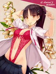 Rule 34 | 1girl, adjusting hair, black hair, blush, bracelet, breasts, brown hair, cleavage, dress shirt, dressing, english text, flower, hair ornament, hairclip, highres, jewelry, lingerie, long hair, looking at viewer, mouth hold, open clothes, open shirt, open skirt, original, ponytail, revision, rubber band, school uniform, shirt, skirt, small breasts, smile, solo, teddy (lingerie), underwear, uniform, yokaze japan