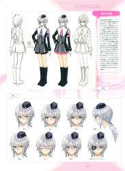 Rule 34 | 1girl, absurdres, character name, expressions, frown, hair between eyes, hand on own hip, heterochromia, high heels, highres, legs together, marion lu shila, multiple views, shining (series), shining resonance, shining resonance collection of visual materials, short hair, tony taka, uniform, v-shaped eyebrows, white hair