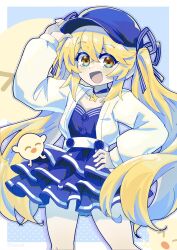 Rule 34 | 1girl, adjusting clothes, adjusting headwear, blonde hair, blue background, blue choker, blue dress, blue hat, blue ribbon, border, choker, commentary, cowboy shot, cropped jacket, dokibird (vtuber), dress, english commentary, hair between eyes, hair ribbon, hand on own hip, hand up, hat, highres, indie virtual youtuber, jacket, layered dress, limited palette, long hair, long sleeves, looking at viewer, open clothes, open jacket, open mouth, orange eyes, outside border, polka dot, polka dot background, puffy long sleeves, puffy sleeves, ribbon, short dress, simple background, sleepyowl (jobkung15), smile, solo, standing, star (symbol), star choker, very long hair, virtual youtuber, white border, white jacket