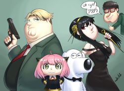 Rule 34 | 1girl, 3boys, anya (spy x family), black dress, black hair, blonde hair, bond (spy x family), breasts, brian griffin, brown hair, child, closed mouth, collared shirt, commentary, crossover, dagger, dog, dress, eden academy school uniform, english commentary, family guy, fat, fat man, flower, franky franklin, from side, glenn quagmire, gold hairband, green background, green jacket, gun, hair between eyes, hair flower, hair ornament, hairband, highres, holding, holding gun, holding knife, holding weapon, jacket, knife, lipstick, lois griffin, long hair, looking at viewer, looking to the side, makeup, malachite 27346, medium breasts, medium hair, meme, multiple boys, necktie, obese, peter griffin, pink hair, red-framed eyewear, red necktie, school uniform, shirt, short hair, simple background, speech bubble, spy x family, stewie griffin, stiletto (weapon), thumbs up, trigger discipline, twilight (spy x family), twitter username, very short hair, weapon, white shirt, yor briar