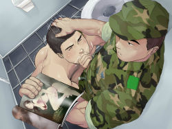Rule 34 | 2boys, against wall, bara, bathroom, bisexual male, blush, brown hair, cum, cum in mouth, drooling, fellatio, hand on another&#039;s head, magazine (object), male focus, multiple boys, muscular, nude, oral, saliva, soldier, sweat, toilet, wince, winemvee, yaoi