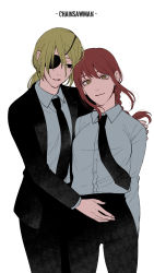 Rule 34 | 2girls, aprilfoolrabbit, arm around shoulder, black eyes, black necktie, black pants, black suit, blonde hair, braid, braided ponytail, breasts, brown hair, business suit, chainsaw man, collared shirt, couple, expressionless, eyepatch, formal, hand on another&#039;s crotch, highres, light smile, long hair, makima (chainsaw man), medium breasts, multiple girls, necktie, office lady, pants, ponytail, quanxi (chainsaw man), ringed eyes, shirt, shirt tucked in, smile, suit, white shirt, wife and wife, yellow eyes, yuri