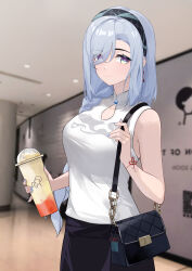 Rule 34 | 1girl, absurdres, alternate costume, bag, bare arms, bare shoulders, black hairband, black skirt, candy shunya, commentary request, cup, disposable cup, genshin impact, grey eyes, grey hair, hairband, handbag, highres, holding, holding cup, indoors, long hair, looking at viewer, shenhe (genshin impact), shenhe (heytea) (genshin impact), shirt, skirt, sleeveless, sleeveless shirt, smile, solo, upper body, very long hair, white shirt