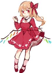 Rule 34 | 1girl, blonde hair, bow, dress, flandre scarlet, frilled dress, frills, hair bow, neck ribbon, paragasu (parags112), pink socks, red bow, red dress, red footwear, ribbon, side ponytail, simple background, socks, solo, touhou, waist bow, white background, wings