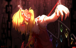 Rule 34 | 1girl, blonde hair, blood, bloody tears, blurry, crystal, cuffs, depth of field, dripping, empty eyes, eyebrows, eyelashes, flandre scarlet, flat chest, frills, from side, glowing, glowing eyes, hair ribbon, hanging, hat, hat ribbon, impaled, injury, laevatein, mob cap, nail polish, no pupils, one side up, outstretched arms, parted lips, profile, puffy short sleeves, puffy sleeves, qys3, red eyes, red nails, restrained, ribbon, shackles, shade, short hair, short sleeves, signature, solo, spread arms, stab, touhou, upper body, wings