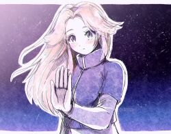 Rule 34 | 1girl, arm up, artist name, black sky, blonde hair, blue sky, blush, border, closed mouth, dress, gradient sky, hand up, long hair, long sleeves, looking to the side, mandarin collar, maria robotnik, night, night sky, outside border, purple dress, purple sky, purple vest, rellyia, short sleeves, sidelocks, sky, smile, solo, sonic (series), sonic adventure 2, space, standing, star (sky), starry sky, vest, watermark, white border