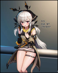 Rule 34 | 1girl, ?, absurdres, arknights, arm at side, bare shoulders, black border, black bow, black gloves, blush, border, bow, cleft of venus, commentary, detached sleeves, english commentary, gloves, gradient background, hair bow, hair ornament, hand on own chest, highres, korean text, long hair, long sleeves, looking at viewer, no panties, open mouth, pussy, red eyes, see-through, silver hair, single glove, sitting, skindentation, solo, sweat, thigh strap, thighs, translated, ukoo (kv7863), uncensored, v-shaped eyebrows, very long hair, weedy (arknights), x hair ornament