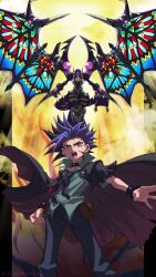 Rule 34 | 1boy, black cloak, black hair, choker, cloak, cloud, cloudy sky, collared shirt, dark requiem xyz dragon, duel monster, dyed bangs, feet out of frame, flying, highres, jacket, light rays, loose necktie, male focus, multicolored hair, necktie, orange sky, orb, purple hair, serious, shirt, shouting, sky, spiked hair, spread wings, stained glass, standing, torn cloak, torn clothes, two-tone hair, yu-gi-oh!, yu-gi-oh! arc-v, yuuto (yu-gi-oh!), zealmaker