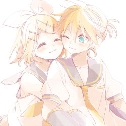 Rule 34 | 1boy, 1girl, :3, ^ ^, arms at sides, black sailor collar, blonde hair, blue eyes, blush, brother and sister, cheek-to-cheek, closed eyes, detached sleeves, closed eyes, hair ornament, hair ribbon, hairclip, happy, heads together, hug, hug from behind, kagamine len, kagamine rin, looking at another, looking back, necktie, one eye closed, puffy short sleeves, puffy sleeves, ribbon, sailor collar, shirt, short hair, short sleeves, siblings, simple background, smile, suzumi (fallxalice), twins, upper body, vocaloid, wavy mouth, white background, white ribbon, white shirt, yellow neckwear