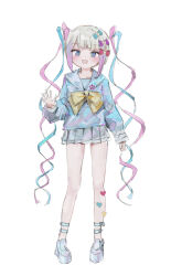 Rule 34 | 1girl, :d, absurdres, blue bow, blue eyes, blue footwear, blue hair, blue shirt, blunt bangs, bow, chouzetsusaikawa tenshi-chan, full body, grey hair, grey skirt, hair bow, hair ornament, heart, heart hair ornament, highres, long hair, long sleeves, looking at viewer, multicolored hair, needy girl overdose, open hand, open mouth, pink bow, pink hair, platform footwear, pleated skirt, purple bow, quad tails, reddizen, sailor collar, school uniform, serafuku, shirt, shoes, simple background, skirt, smile, solo, standing, twintails, very long hair, white background, yellow bow