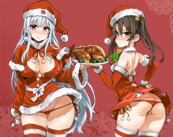 Rule 34 | 10s, 2girls, annoyed, asanagi, ass, bell, black hair, blush, breasts, butt crack, christmas, cleavage, covered erect nipples, curvy, detached collar, food, hair ornament, hat, kantai collection, large breasts, long hair, looking at viewer, multiple girls, panties, pantyshot, plate, red eyes, red panties, ribbon, santa costume, santa hat, shoukaku (kancolle), shoulder blades, silver hair, simple background, small breasts, smile, snowflakes, striped clothes, striped legwear, striped thighhighs, thighhighs, turkey (food), twintails, underwear, very long hair, wedgie, wide hips, yellow eyes, zettai ryouiki, zuikaku (kancolle)