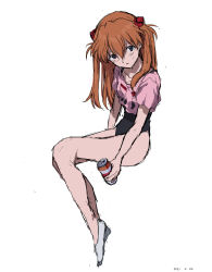 Rule 34 | 1girl, 2021, absurdres, artist request, bare legs, black leotard, blush, brown hair, can, dated, hair between eyes, highleg, highleg leotard, highres, invisible chair, legs, leotard, long hair, musical note, musical note print, neon genesis evangelion, neon genesis evangelion (manga), orange hair, shirt, short sleeves, sitting, smile, solo, souryuu asuka langley, standing, sweat, sweatdrop, twintails, two side up