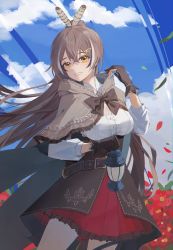 Rule 34 | 1girl, ahoge, belt, breasts, brown capelet, brown cloak, brown corset, brown hair, cape, capelet, cjsdh1000, cloak, cloud, cloudy sky, corset, falling petals, feather hair ornament, feathers, flower, gloves, hair ornament, hairclip, hieroglyphics, highres, hololive, hololive english, lantern, long hair, looking at viewer, medium breasts, multicolored hair, nanashi mumei, partially fingerless gloves, petals, pleated skirt, ponytail, red flower, red skirt, ribbon, shirt, skirt, sky, streaked hair, thigh strap, very long hair, virtual youtuber, white shirt, yellow eyes