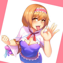 Rule 34 | 1girl, alice margatroid, anal beads, basket, blush, breasts, brown eyes, brown hair, cleavage, condom, condom packet strip, condom wrapper, cookie (touhou), dildo, fellatio gesture, fig sign, hairband, heart, heart-shaped pupils, hinase (cookie), large breasts, looking at viewer, open mouth, sex toy, short hair, smile, solo, symbol-shaped pupils, tarmo, tongue, tongue out, touhou