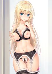 1girl absurdres bad_id bad_pixiv_id blonde_hair blue_eyes blush bra crotchless crotchless_panties cupless_bra hair_ornament highres lace lace-trimmed_bra lace-trimmed_legwear lace-trimmed_panties lace_trim lingerie long_hair n.g. panties sex_toy thighhighs underwear vibrator vibrator_cord vibrator_in_thighhighs wet wet_clothes wet_panties