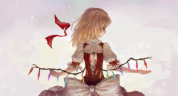 Rule 34 | 1girl, alternate hairstyle, back, blonde hair, dress, flandre scarlet, highres, light particles, looking at viewer, looking back, no headwear, outstretched arms, puffy sleeves, red dress, red eyes, ribbon, sash, shirt, short sleeves, solo, touhou, tuzki, wings