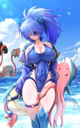 Rule 34 | 1girl, absurdres, annes (g (genesis1556)), bare shoulders, blue eyes, blue hair, blue jacket, blue one-piece swimsuit, blue sky, breasts, claws, cleavage, cloud, collarbone, commentary request, covered navel, day, dragon girl, dragon horns, dragon tail, eyepatch, fish, g (genesis1556), gluteal fold, hair between eyes, high ponytail, highres, holding, holding sword, holding weapon, horns, jacket, large breasts, lens flare, long hair, long sleeves, looking at viewer, monster girl, o-ring, o-ring thigh strap, ocean, octopus, off shoulder, one-piece swimsuit, ootachi, open clothes, open jacket, orca, original, outdoors, ponytail, scales, scar, scar across eye, shark, sharktopus, sidelocks, sky, solo focus, standing, stitches, sunlight, swimsuit, sword, tail, tentacles, thigh strap, weapon