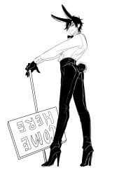 Rule 34 | 10s, 1boy, animal ears, black hair, bowtie, rabbit ears, rabbit tail, closed mouth, collared shirt, eyepatch, full body, gloves, high heels, looking at viewer, male focus, monochrome, personification, shokudaikiri mitsutada, sign, simple background, smile, solo, standing, tail, touken ranbu, white background, zoosama