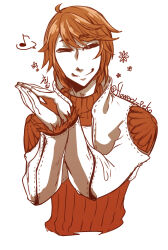 Rule 34 | 1boy, ahoge, brown theme, closed eyes, closed mouth, commentary request, cropped torso, flower, flowery peko, highres, long sleeves, male focus, medium bangs, monochrome, musical note, own hands together, ragnarok online, short hair, shrug (clothing), simple background, smile, solo, spoken musical note, sweater, swept bangs, thief (ragnarok online), turtleneck, turtleneck sweater, twitter username, upper body