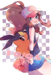 Rule 34 | 1girl, :d, antenna hair, bag, baseball cap, black vest, blue shorts, brown hair, commentary request, creatures (company), fang, from side, game freak, gen 5 pokemon, green eyes, hat, highres, hilda (pokemon), long hair, looking at viewer, looking to the side, misha (ohds101), nintendo, notice lines, open clothes, open mouth, open vest, pink bag, pokemon, pokemon (creature), pokemon bw, shirt, short shorts, shorts, shoulder bag, sidelocks, smile, star (symbol), tepig, tongue, vest, white shirt