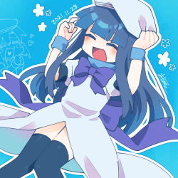 Rule 34 | 2girls, :d, = =, \m/, ^ ^, adjusting clothes, adjusting headwear, armband, artist name, back bow, beret, black thighhighs, blue background, blue hair, blunt bangs, blush, blush stickers, bow, bowtie, chibi, chibi inset, closed eyes, commentary request, cosplay, dated, dress, dutch angle, feet out of frame, floral background, flower (symbol), furude rika, good kneehighs day, halftone, hands up, hat, heart, heart in mouth, highres, higurashi no naku koro ni, knees together feet apart, long hair, momotarekawa, multiple girls, open mouth, outline, own hands clasped, own hands together, puffy short sleeves, puffy sleeves, purple bow, purple bowtie, ryuuguu rena, ryuuguu rena (cosplay), short sleeves, sidelocks, signature, smile, thighhighs, white dress, white headwear, white outline