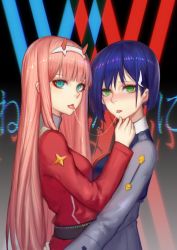 Rule 34 | 10s, 2girls, @ @, after kiss, blue eyes, blue hair, blush, darling in the franxx, grabbing another&#039;s chin, green eyes, hair ornament, hairclip, hand on another&#039;s chin, highres, hug, ichigo (darling in the franxx), long hair, looking at viewer, military, military uniform, multiple girls, nose blush, open mouth, pink hair, pre (preecho), saliva, saliva trail, short hair, tongue, tongue out, uniform, very long hair, yuri, zero two (darling in the franxx)