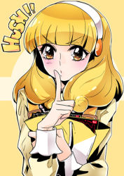 Rule 34 | 10s, 1girl, blonde hair, blunt bangs, finger to mouth, hairband, kise yayoi, long hair, long sleeves, lowres, precure, shushing, smile precure!, solo, tima, white hairband, yellow eyes