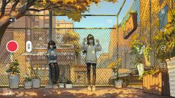 Rule 34 | 2girls, absurdres, baggy pants, black hair, black pants, blue eyes, blue hair, brown eyes, brown hair, building, car, chain-link fence, city, crossed arms, dappled sunlight, day, fence, gradient hair, hands up, highres, hood, hoodie, horns, hua ming wink, long sleeves, looking at viewer, motor vehicle, multicolored hair, multiple girls, original, outdoors, pants, pantyhose, fake phone screenshot, plant, pointy ears, potted plant, road sign, scenery, shirt, shop, sign, single horn, sunlight, sweater, tree, two-tone hair, video camera, white shirt, white sweater