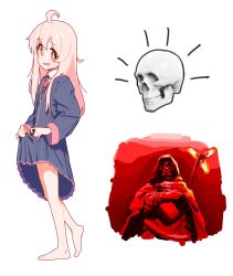 1boy 1girl azmira1534815 barefoot brown_eyes clothes_lift death_stranding feet higgs_(death_stranding) highres hood lifting_own_clothes mask medium_skirt odradek onii-chan_wa_oshimai! oyama_mahiro pink_hair school_uniform skirt skirt_lift skull skull_mask toes