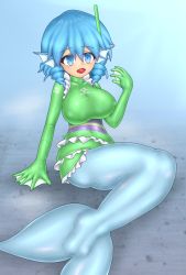 Rule 34 | breasts, cosplay, diving mask, diving mask on head, diving suit, fins, goggles, goggles on head, highres, imaizumi kagerou, julian semenov, kigurumi, mermaid costume, monofin, open mouth, touhou, wakasagihime, wakasagihime (cosplay), webbed hands