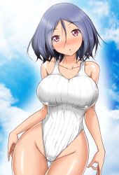 Rule 34 | 1girl, aoiakira553, blue hair, blush, breasts, cameltoe, competition swimsuit, curvy, duel!, hair between eyes, highleg, highleg swimsuit, large breasts, looking at viewer, nanase ayumi, official art, one-piece swimsuit, original, parted lips, red eyes, short hair, solo, standing, swimsuit, white one-piece swimsuit, wide hips