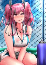 Rule 34 | 1girl, :q, azur lane, bad id, bad pixiv id, between legs, blue sky, blush, bottle, breasts, bremerton (azur lane), bremerton (scorching-hot training) (azur lane), chain-link fence, cleavage, cloud, commentary request, cowboy shot, crop top, crop top overhang, day, fence, grey hair, hair between eyes, hair ornament, hairclip, hand between legs, heart, heart necklace, highres, holding, holding racket, jewelry, large breasts, lens flare, long hair, looking at viewer, midriff, moepush, mole, mole on breast, mole under eye, multicolored hair, navel, necklace, nipples, nose blush, outdoors, pink eyes, pink hair, racket, railing, see-through, shirt, sidelocks, sitting, skirt, sky, sleeveless, sleeveless shirt, smile, solo, sportswear, streaked hair, sunlight, sweat, tennis racket, tennis uniform, tongue, tongue out, twintails, two-tone hair, two-tone skirt, water bottle, wet, wet clothes, wet shirt, wet skirt, white shirt
