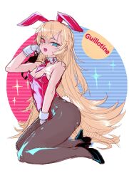 Rule 34 | 1girl, animal ears, blonde hair, blue eyes, breasts, brown pantyhose, character name, detached collar, fake animal ears, fake tail, gloves, glowing, glowing eyes, goddess of victory: nikke, guillotine (nikke), heterochromia, high heels, inugressive, kneeling, leotard, long hair, necktie, open mouth, pantyhose, playboy bunny, rabbit ears, rabbit tail, red eyes, red leotard, red necktie, short necktie, small breasts, solo, tail, wavy hair, white gloves